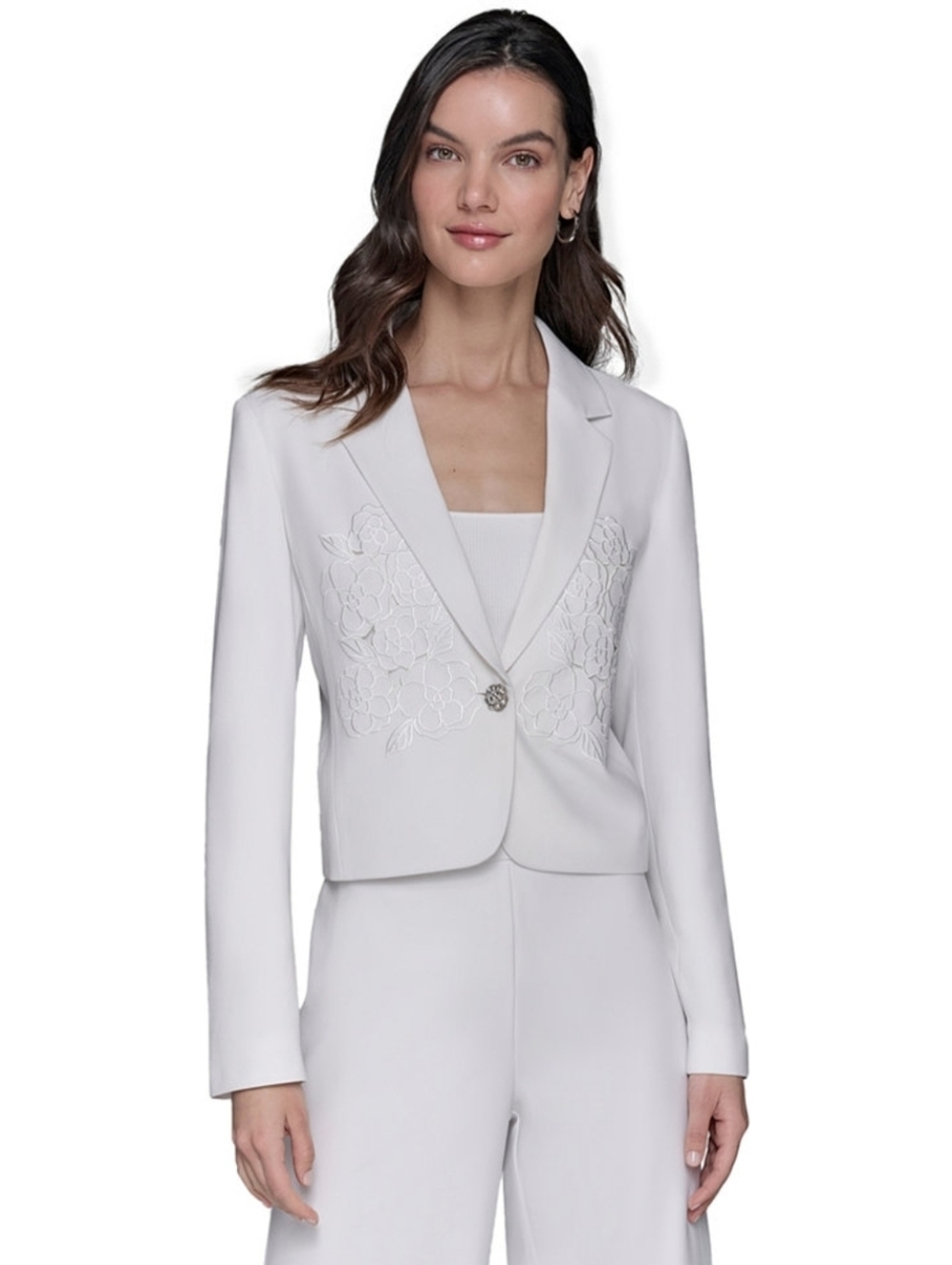 Karl Lagerfeld White Embroidered Appliqué Cropped Single-Button Blazer Size 10